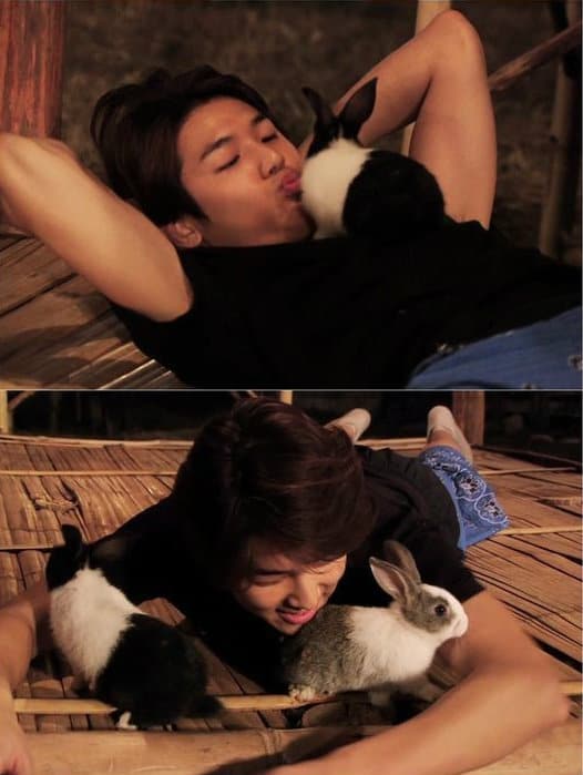 Kang Minhyuk with bunnies 5 Korean Male Celebrities Competing In Cuteness With Adorable Pets